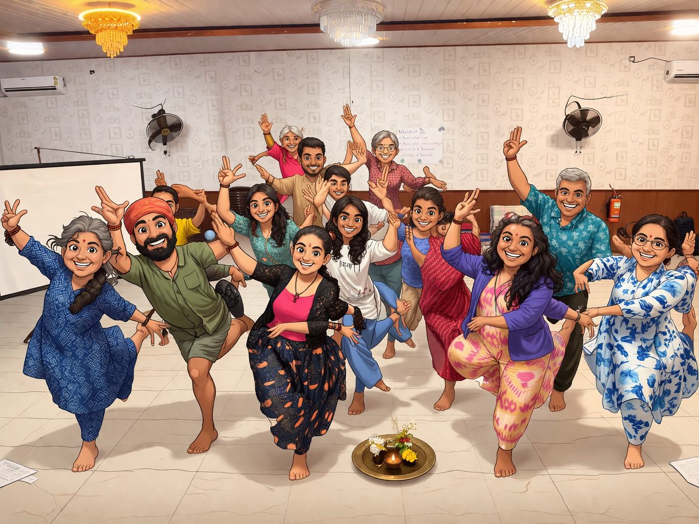 Vikram's Astrology 101 cohort, gathered at the Ether retreat, in joyful poses around a small puja plate